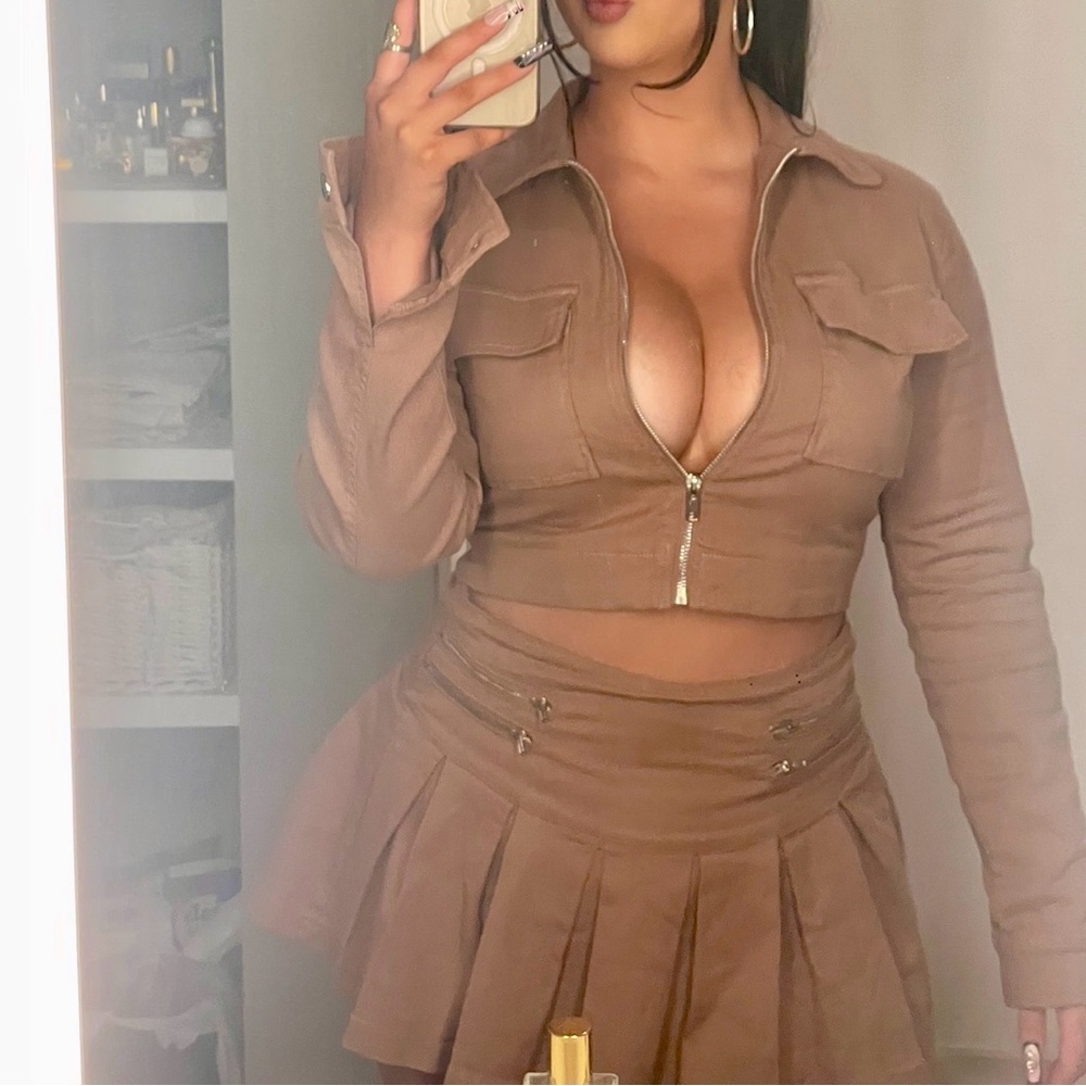 Brown Zip-Up Jacket and Skirt Set
